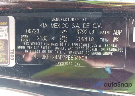 2023 Kia Forte Lx from USA, damaged, VIN 3KPF24AD7PE654508